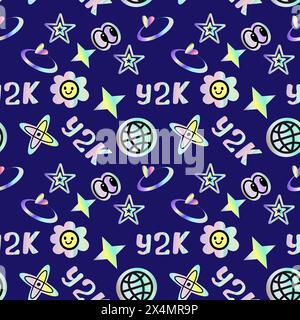2000s pattern with hologram stickers, smiling, quotes and shining shapes. y2k elements seamless pattern or background. Futuristic retro design. Stock Vector