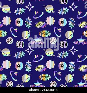 2000s pattern with hologram stickers, smiling, quotes and shining shapes. y2k elements seamless pattern or background. Futuristic retro design. Stock Vector