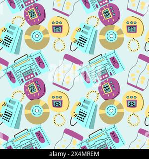 90s retro element seamless pattern, retro style, game and music items. Can use for stickers, banner, greeting card. wallpaper, textile, music backgrou Stock Vector