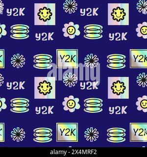 2000s pattern with hologram stickers, smiling, quotes and shining shapes. y2k elements seamless pattern or background. Futuristic retro design. Stock Vector