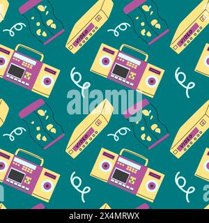 90s retro element seamless pattern, retro style, game and music items. Can use for stickers, banner, greeting card. wallpaper, textile, music backgrou Stock Vector