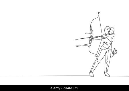 One continuous line drawing of young archer woman pulling the bow to shooting an archery target. Archery sport training and exercising concept. Dynami Stock Vector