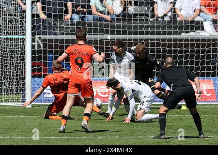 Swansea, UK. 04th May, 2024. Casper De Norre of Millwall (24) scores his teams 1st goal. EFL Skybet championship match, Swansea city v Millwall at the Swansea.com Stadium in Swansea, Wales on Saturday 4th May 2024. this image may only be used for Editorial purposes. Editorial use only, pic by Andrew Orchard/Andrew Orchard sports photography/Alamy Live news Credit: Andrew Orchard sports photography/Alamy Live News Stock Photo
