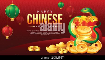 Year of the snake 2025 banner design, green snake with golden coins and ingots Stock Vector