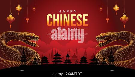 Chinese New Year of the snake 2025 banner with golden snake and pagoda silhouette illustration Stock Vector