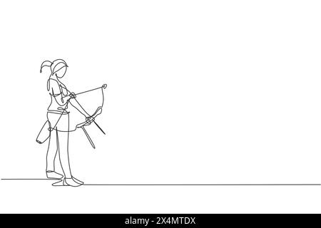 One single line drawing of young archer woman focus exercising archery to hit target graphic vector illustration. Healthy refresh shooting with bow sp Stock Vector