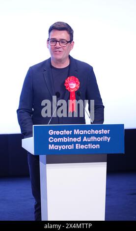 Andy Burnham speaks as he has been re-elected as Greater Manchester Mayor after winning 426,749 votes following the count at Manchester Central. Picture date: Saturday May 4, 2024. Stock Photo