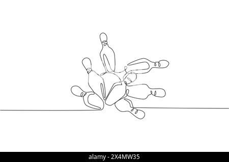 One continuous line drawing lined up bowling pins falling apart hit by ball at bowling lane. Healthy sport and lifestyle activity concept. Dynamic sin Stock Vector