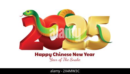 Year of the Snake 2025 sign with red and golden 3d number Stock Vector