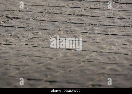 Low angle detailed shot of a cobblestone street with a blurred background, showcasing the intricate pattern of the building material made from rock and bedrock mixed with soil. Selective focus. Stock Photo