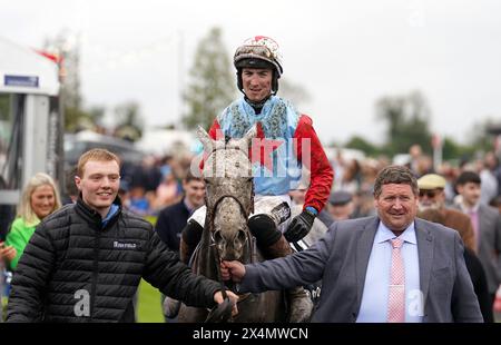 Mark McDonagh after winning the Colm Quinn BMW Handicap Chase on The Gradual Slope during day five of the Punchestown Festival at Punchestown Racecourse, County Kildare. Picture date: Saturday May 4, 2024. Stock Photo