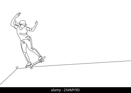 One continuous line drawing young cool skateboarder man riding skateboard doing a slide trick in skatepark. Extreme teenager sport concept. Dynamic si Stock Vector