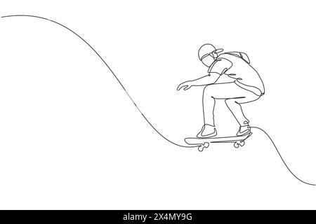 One continuous line drawing of young cool skateboarder man riding skateboard and doing a jump trick in skatepark. Extreme teenager sport concept. Dyna Stock Vector