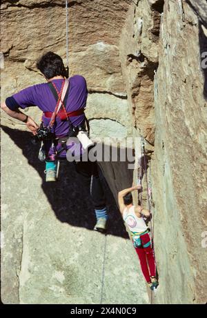 Climber Randy Leavitt on his climb, "Hydra", Joshua Tree, California