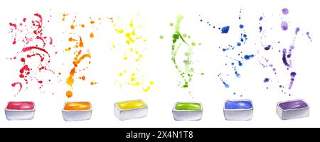 Paint cuvette watercolor gouache with expressive colorful splashes and drops. Colors of rainbow banner. Creative supplies for drawing. Hand drawn Stock Photo