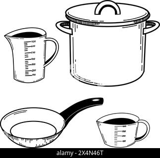 Set of kitchen utensils in vector format for kitchen design. A saucepan, a frying pan, and measuring cups drawn in vector with a black outline. Stock Vector