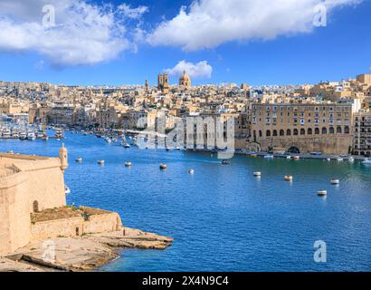 Skyline of Valletta, Malta. Panoramic view from the Grand Harbour. Stock Photo