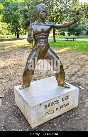 Mostar, Bosnia and Herzegovina - Jul 22, 2023: Bruce Lee monument in Mostar, martial artist and actor. Stock Photo