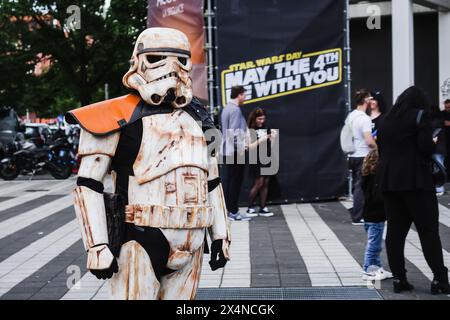 Milan, Italy. 04th May, 2024. Milan, The parade on the occasion of Star Wars Day at the Arcimboldi Theatre. In the photo: The actors wearing stage costumes that reproduce those from the Star Wars film parade through the streets of the Bicocca district Credit: Independent Photo Agency/Alamy Live News Stock Photo