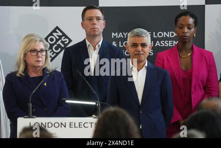 Labour's Sadiq Khan (second right) is re-elected as the Mayor of London, at City Hall, London as Conservative party candidate Susan Hall (left), Liberal Democrat candidate Rob Blackie and Independent candidate Natalie Campbell look on. Picture date: Saturday May 4, 2024. Stock Photo