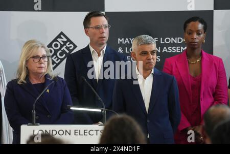 Labour's Sadiq Khan (second right) is re-elected as the Mayor of London, at City Hall, London as Conservative party candidate Susan Hall (left), Liberal Democrat candidate Rob Blackie and Independent candidate Natalie Campbell look on. Picture date: Saturday May 4, 2024. Stock Photo