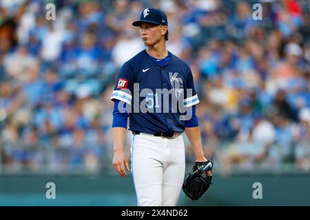 Brady Singer #51 of the Kansas City Royals reacts during a game against the Texas Rangers at Kauffman Stadium on May 3, 2024, in Kansas City, Missouri. (Photo by Brandon Sloter/Image Of Sport) Stock Photo