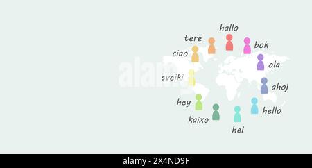 Languages and world map, word hello in different language spoken in Europe, concept of multilingual business and community, multilingualism in the EU Stock Photo