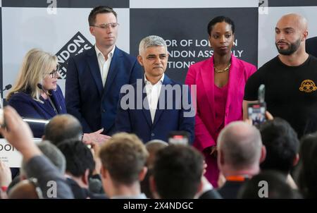 Labour's Sadiq Khan (centre) is re-elected as the Mayor of London, at City Hall, London as Conservative party candidate Susan Hall (left), Liberal Democrat candidate Rob Blackie, Independent candidate Natalie Campbell and Independent candidate Andreas Michli (right) look on. Picture date: Saturday May 4, 2024. Stock Photo