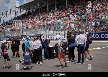 Miami Gardens, FL, USA. 4th May 2024. Sprint. Finish Line. F1 Miami GP at Miami Autodrome on May 4th, 2024 in Miami Gardens, Florida, USA. 1st place: 1 Max Verstappen (NED) Red Bull Racing; 2nd place: 16 Charles Leclerc (MON) Ferrari; 3rd place: 11 Sergio Perez (MEX) Red Bull Racing. Credit: Yaroslav Sabitov/YES Market Media/Alamy Live News. Stock Photo