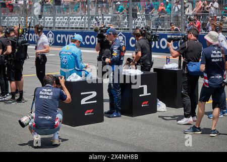 Miami Gardens, FL, USA. 4th May 2024. Sprint. Finish Line. F1 Miami GP at Miami Autodrome on May 4th, 2024 in Miami Gardens, Florida, USA. 1st place: 1 Max Verstappen (NED) Red Bull Racing; 2nd place: 16 Charles Leclerc (MON) Ferrari; 3rd place: 11 Sergio Perez (MEX) Red Bull Racing. Credit: Yaroslav Sabitov/YES Market Media/Alamy Live News. Stock Photo