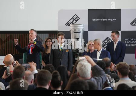 Labour's Sadiq Khan (second right) speaks as he is re-elected as the Mayor of London, at City Hall, London as Mayoral candidates look on. Picture date: Saturday May 4, 2024. Stock Photo