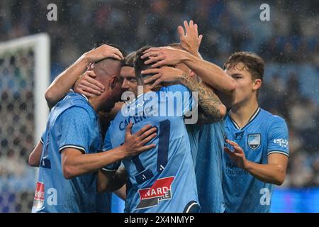 Sydney, Australia. 04th May, 2024. The Sydney FC team is seen celebrating after scoring a goal during the Isuzu UTE A-League 2023-24 season Elimination Finals match between Sydney FC and Macarthur FC held at the Allianz Stadium. Final score Sydney FC 4 : 0 Macarthur FC. Credit: SOPA Images Limited/Alamy Live News Stock Photo