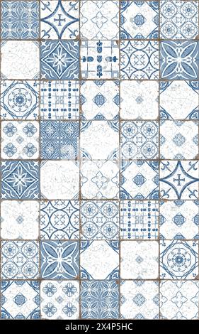Watercolor seamless pattern with azulejo traditional portuguese ornament.Square ceramic tiles in monochrome blue colors looks good on textiles,towels Stock Photo