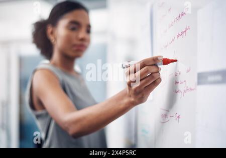 Woman, hand and writing with whiteboard for coaching, presentation or brainstorming at office. Business of creative female person taking notes on Stock Photo