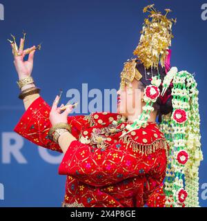 London, UK. 20th April 2024. Performers entertain the crowds, here the Indonesian Arts and Dance & Indonesia Angklung Ensemble on stage. The Mayor of Stock Photo