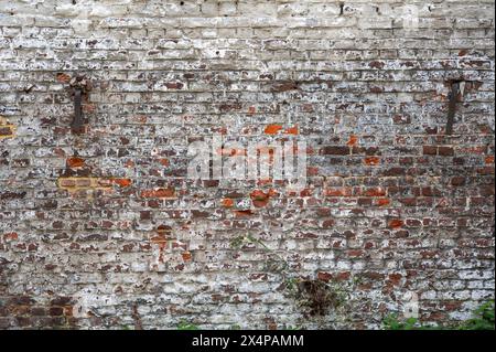 Dirty brick stone wall with mortar layers, textured background in Brussels Belgium Stock Photo