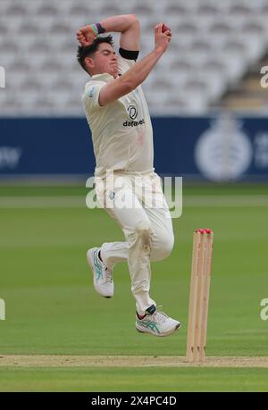 London. 4th May 2024. Action during the second day of the County Championship Division Two match between Middlesex and Leicestershire at Lord’s Cricket Ground. Credit: Matthew Starling / Alamy Live News Stock Photo