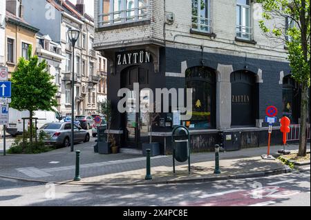 Jette, Brussels Capital Region, Belgium - May 1, 2024 -  Facade of the Zaytün Libanese restaurant Stock Photo