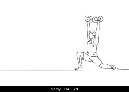 One single line drawing young energetic man working out doing low lunge with dumbbell in gym vector illustration. Fitness sport bodybuilding and healt Stock Vector