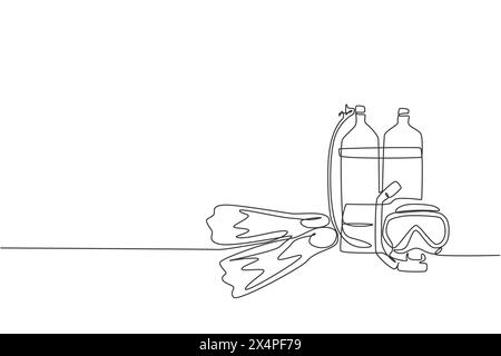 One continuous line drawing wetsuit, swimsuit, regulator, oxygen, mask, snorkel goggle and fins. Water sport scuba diving equipment concept. Dynamic s Stock Vector