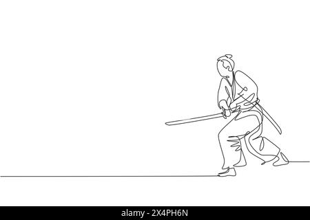 One single line drawing of young Japanese samurai warrior holding katana sword practicing at dojo center graphic vector illustration. Combative martia Stock Vector