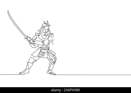 Single continuous line drawing of young strong samurai shogun wearing traditional uniform holding sword at festival. Ancient fighter soldier concept. Stock Vector