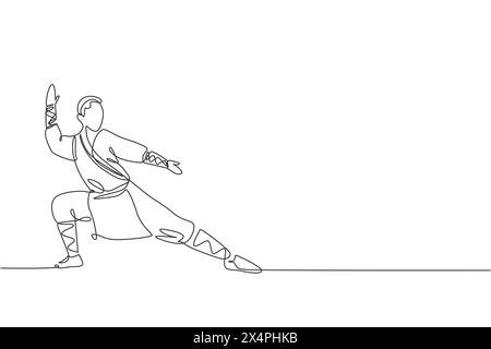 One single line drawing young energetic shaolin monk man exercise kung fu fighting at temple vector graphic illustration. Ancient Chinese martial art Stock Vector