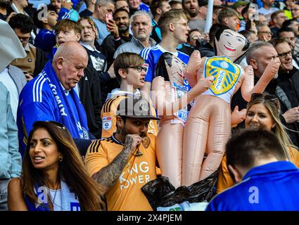 King Power Stadium, Leicester, UK. 4th May, 2024. EFL Championship Football, Leicester City versus Blackburn Rovers; A Leicester fan holds a doll depicting Ipswich and Leeds in a recycling bin bag Credit: Action Plus Sports/Alamy Live News Stock Photo