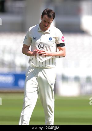 London. 4th May 2024. Toby Roland-Jones (21 Middlesex) during the second day of the County Championship Division Two match between Middlesex and Leicestershire at Lord’s Cricket Ground. Credit: Matthew Starling / Alamy Live News Stock Photo