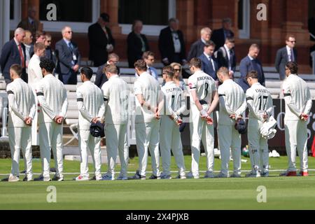 London. 4th May 2024. Middlesex players pay their respects to Worcestershire spinner Josh Baker before the second day of the County Championship Division Two match between Middlesex and Leicestershire at Lord’s Cricket Ground. Credit: Matthew Starling / Alamy Live News Stock Photo