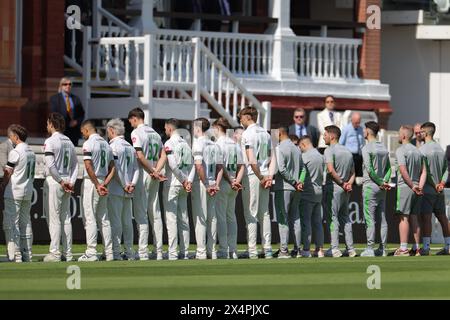 London. 4th May 2024. Leicestershire players pay their respects to Worcestershire spinner Josh Baker before the second day of the County Championship Division Two match between Middlesex and Leicestershire at Lord’s Cricket Ground. Credit: Matthew Starling / Alamy Live News Stock Photo