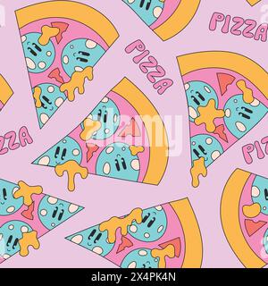 Cute groovy pizza slices seamless pattern. Pepperoni cheese pizza background for fast food, delivery, package. Stock Vector