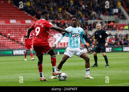 Middlesbrough's Emmanuel Latte Lath in action with Watford's Yaser Asprilla during the Sky Bet Championship match between Middlesbrough and Watford at the Riverside Stadium, Middlesbrough on Saturday 4th May 2024. (Photo: Mark Fletcher | MI News) Credit: MI News & Sport /Alamy Live News Stock Photo
