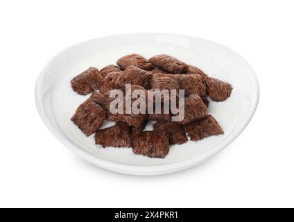 Breakfast cereal. Tasty corn pads with milk in bowl isolated on white Stock Photo